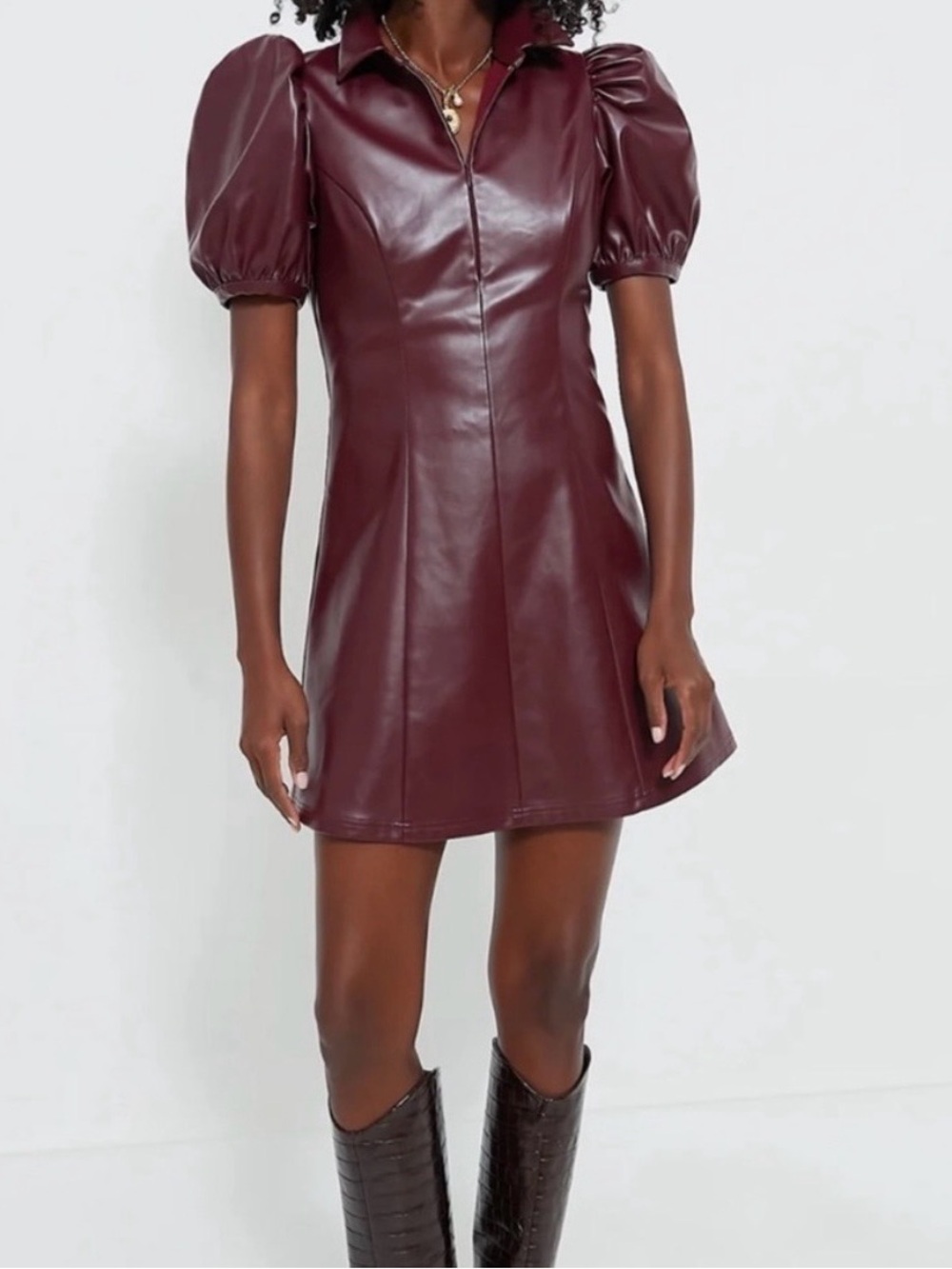 Tuckernuck hyacinth house Puff-Sleeve Faux Leather Mini Dress in burgundy